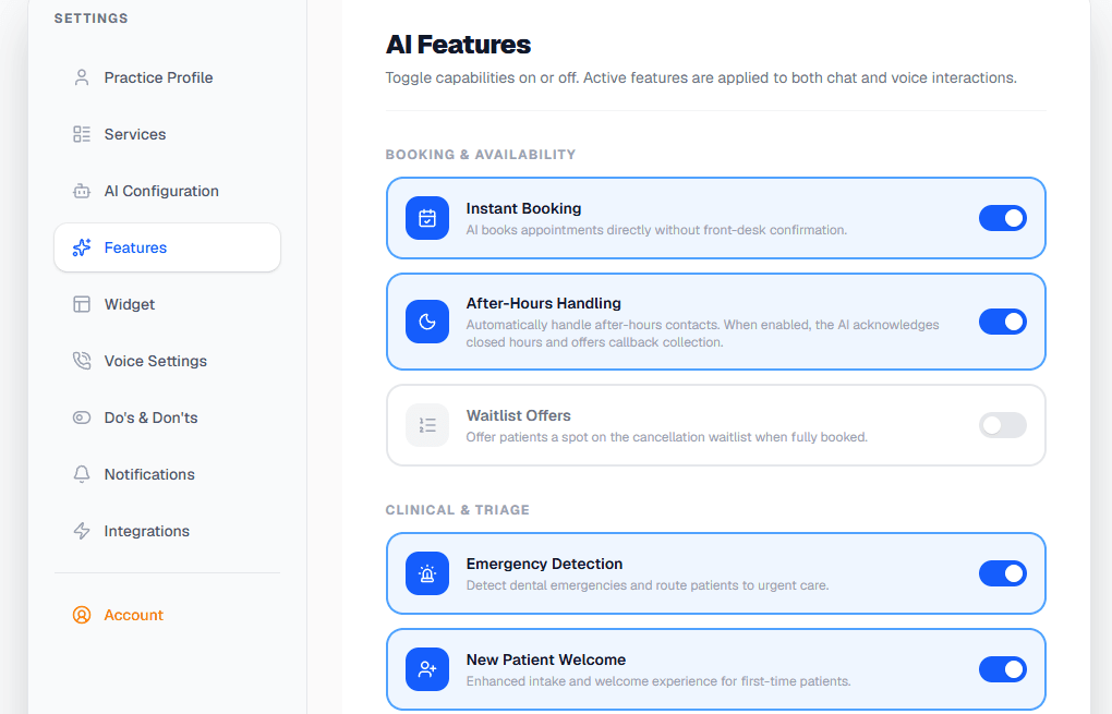 Salva AI settings screen showing AI feature toggles for instant booking, after-hours handling, waitlist offers, emergency detection, and new patient welcome