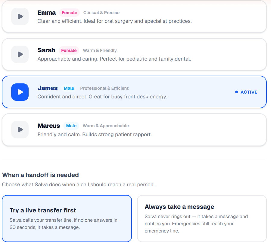 Salva AI voice settings showing four selectable voice operators and handoff options for live transfer or message taking